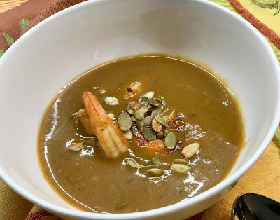 Coconut Pumpkin Soup with Sauteed Shrimp
