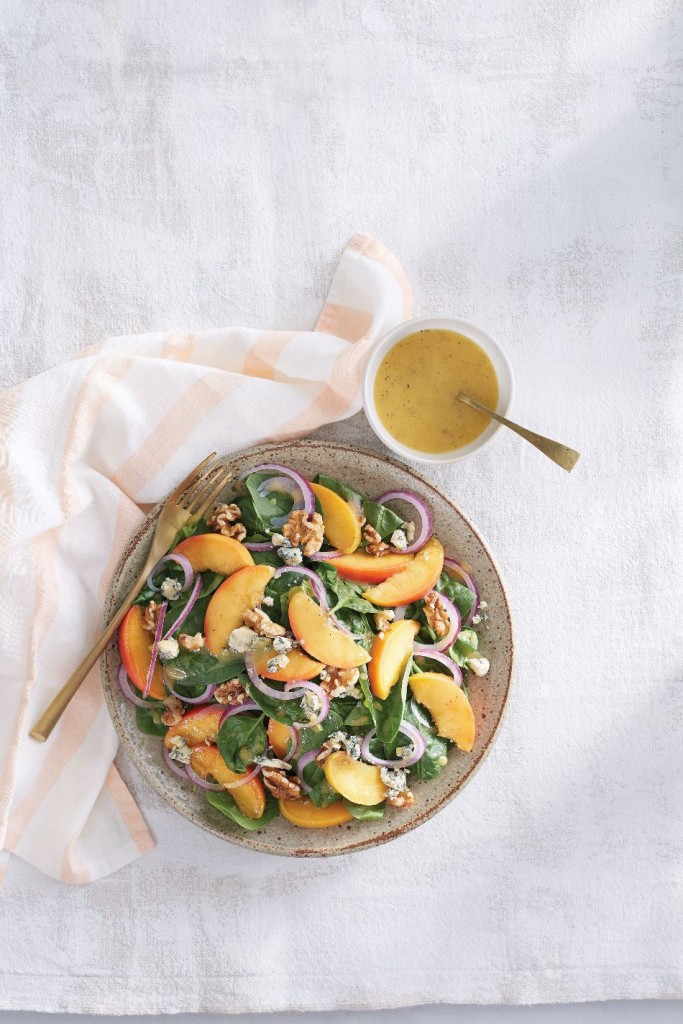 Spinach Peach Salad with Stilton Cheese and Walnuts